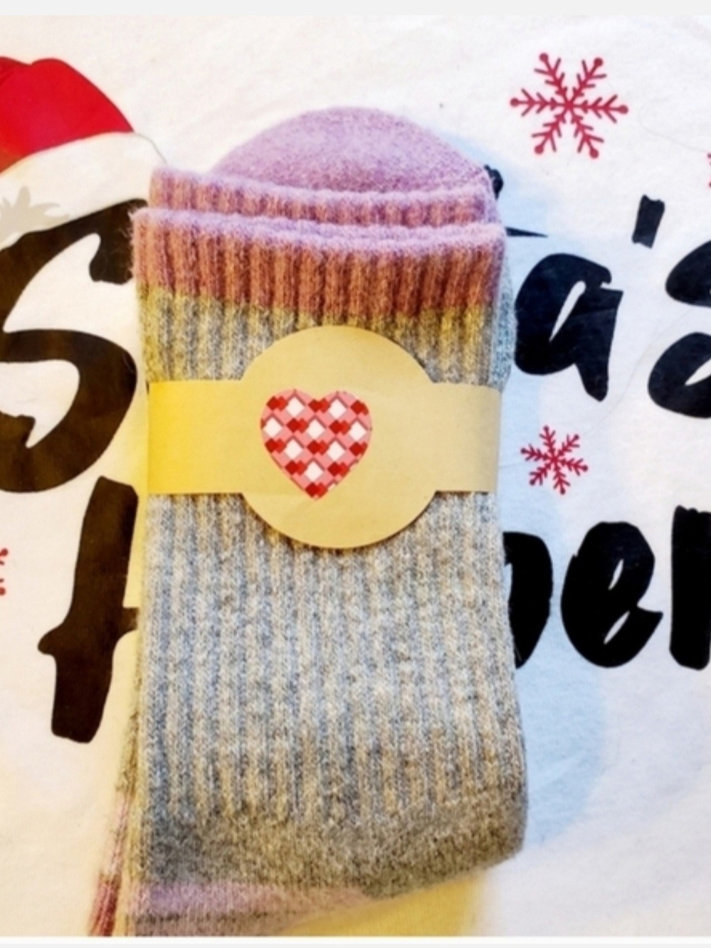Cozy Merino Wool Ribbed Crew Socks - Pink & Gray